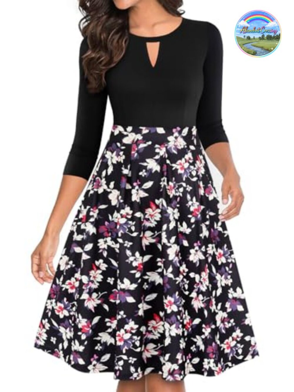 Women's Vintage Floral A-Line Party Dress with Pockets Keyhole Cutout